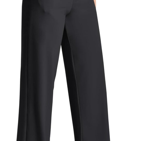 Black High Waist Wide Legs Yoga Pants with Pockets, 35" Inseam, Tummy Control - Picture 1 of 6